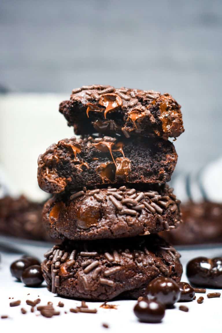 stack of gooey dark chocolate espresso cookies.