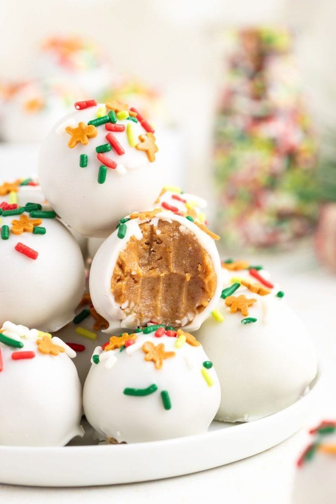white chocolate gingerbread truffles on plate.