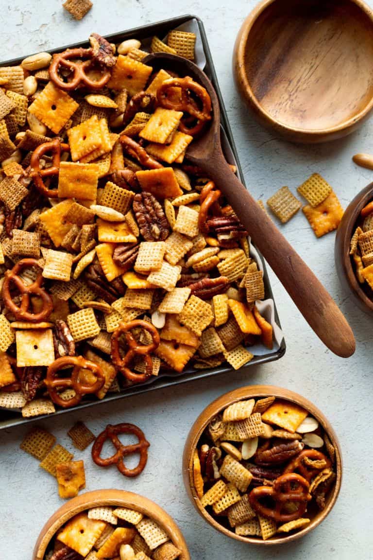 savory holiday pretzel party mix in tray.