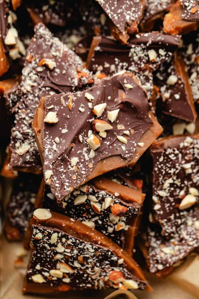 toffee pieces with nuts on top.