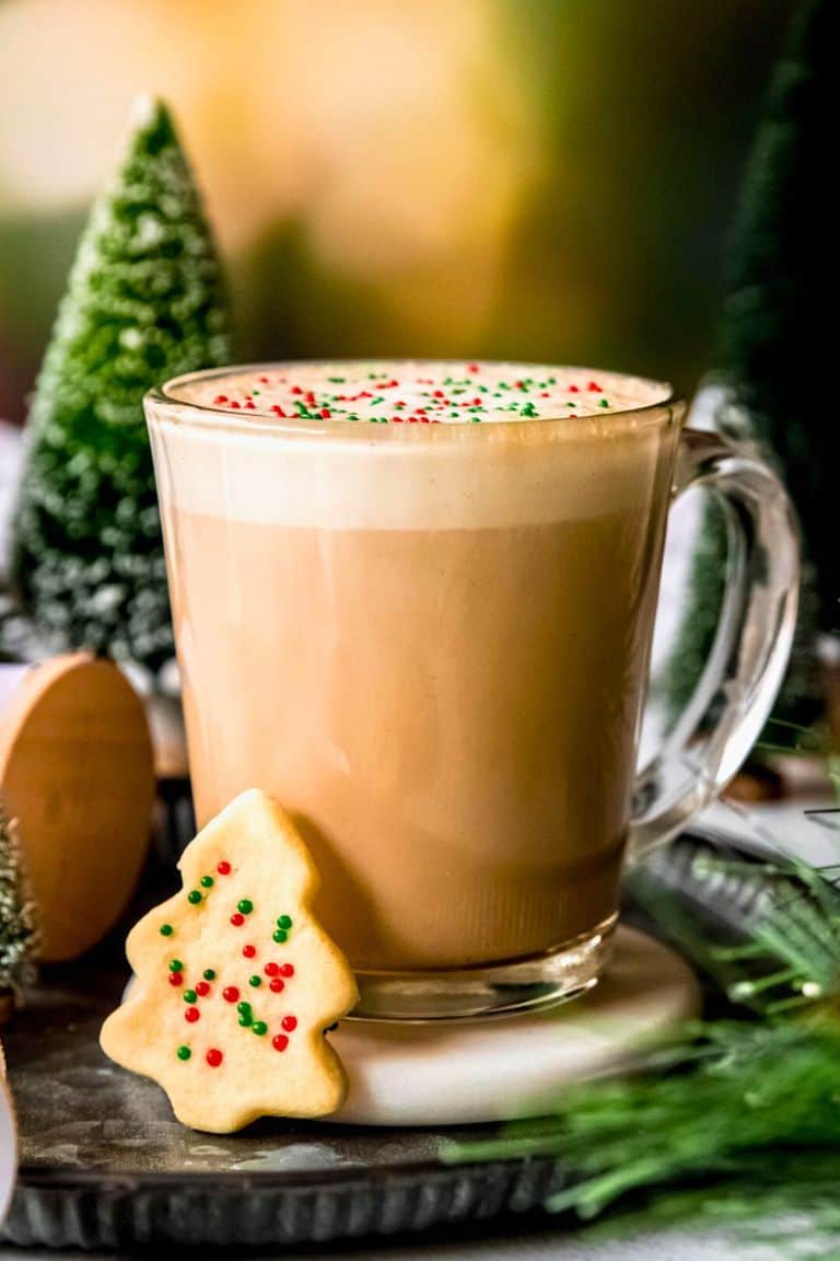 hot sugar cookie latte in glass mug.