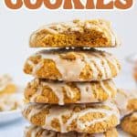 stack of maple pumpkin coffee cake cookies with text overlay.