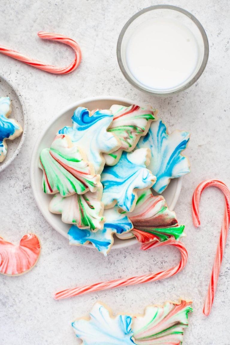 marbled christmas sugar cookies on plate.