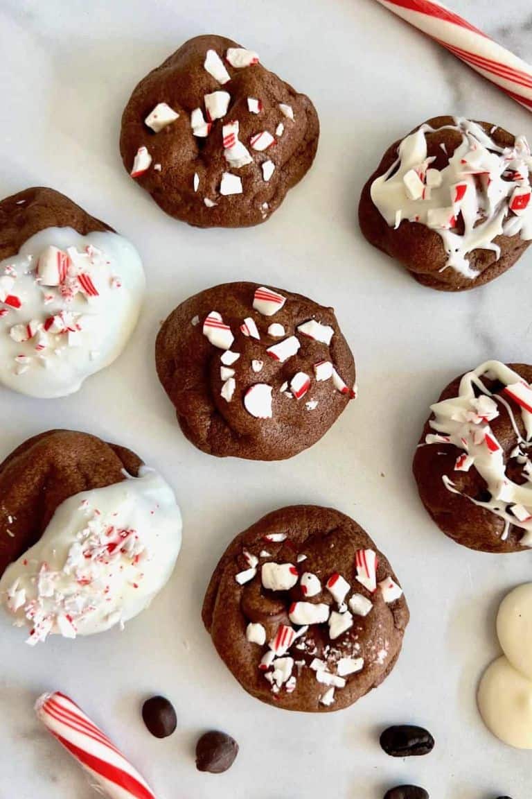 decorated peppermint mocha cookies on bench.