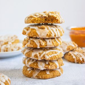 glazed pumpkin coffee cake cookies stacked.