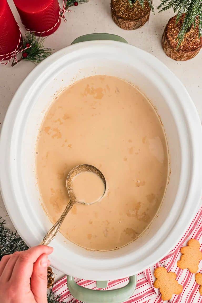 slow cooker with gingerbread coffee and ladle.