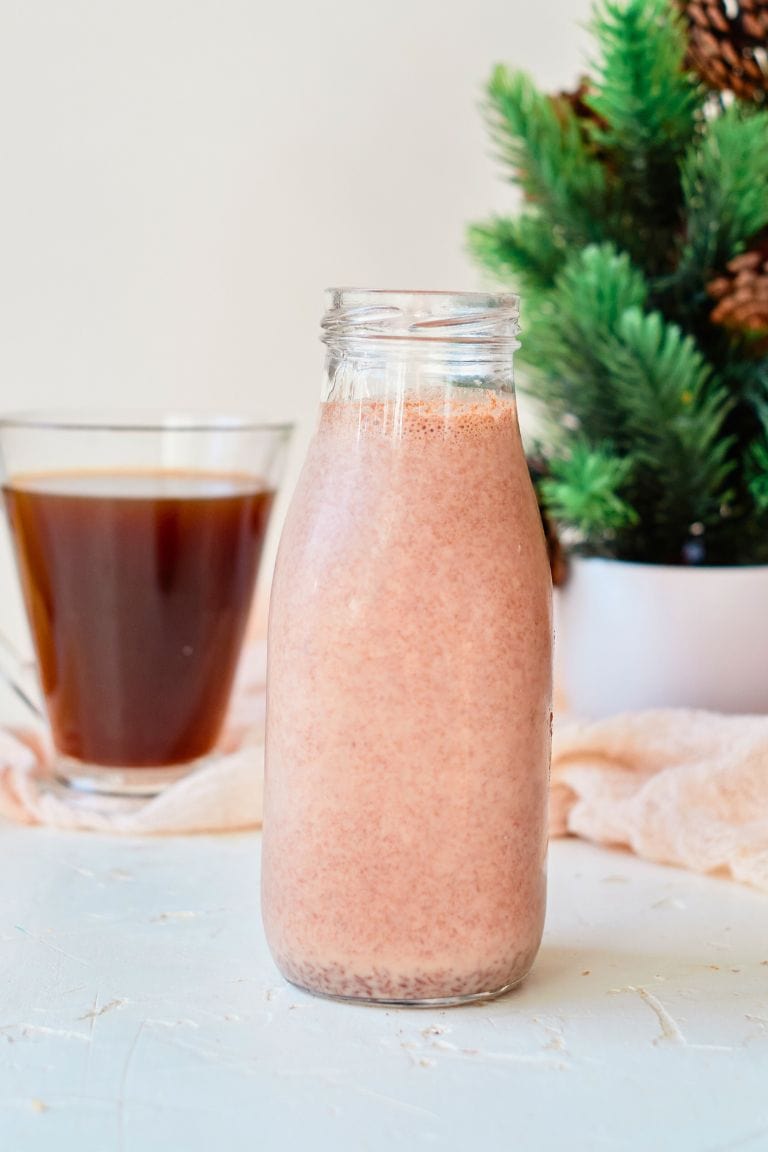 white chocolate peppermint coffee creamer in carafe.