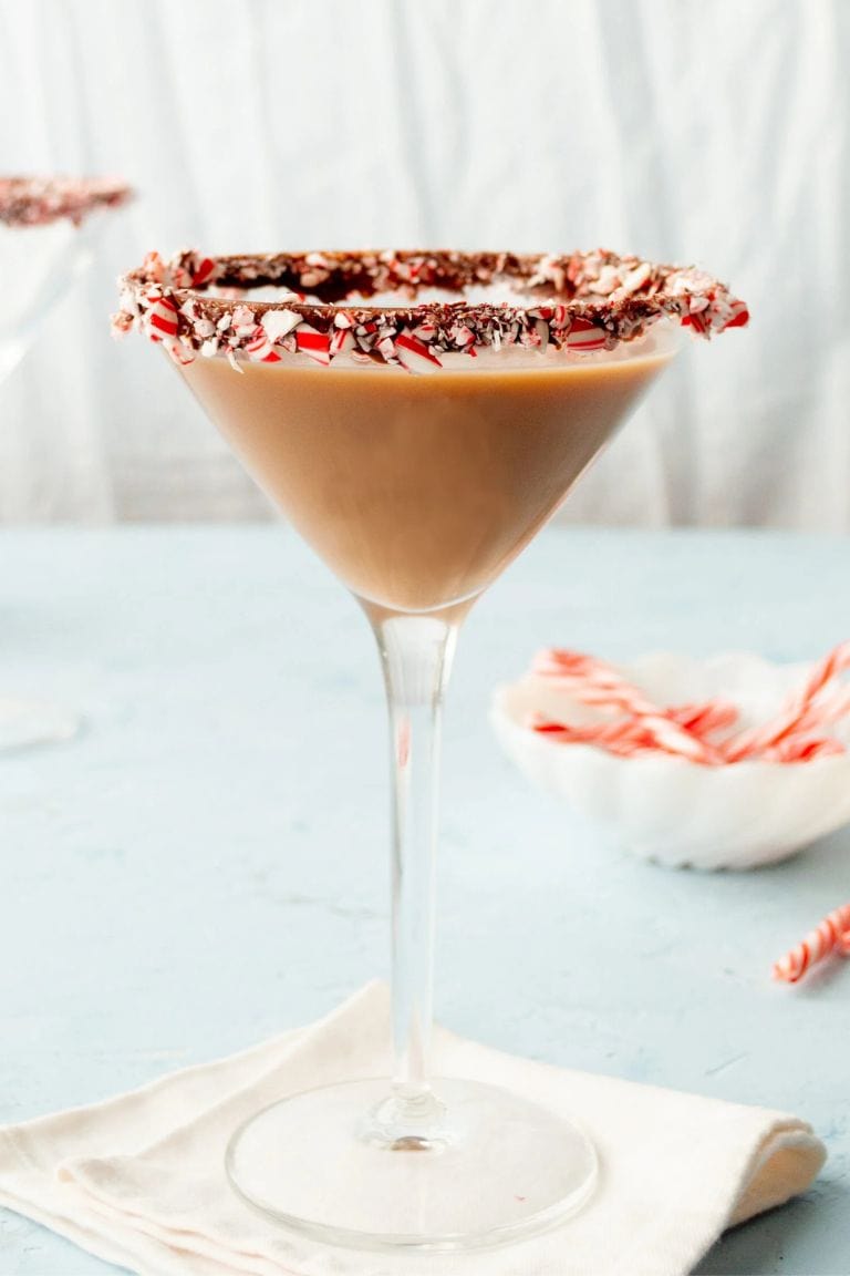 Chocolate peppermint martini with choc mint rim.