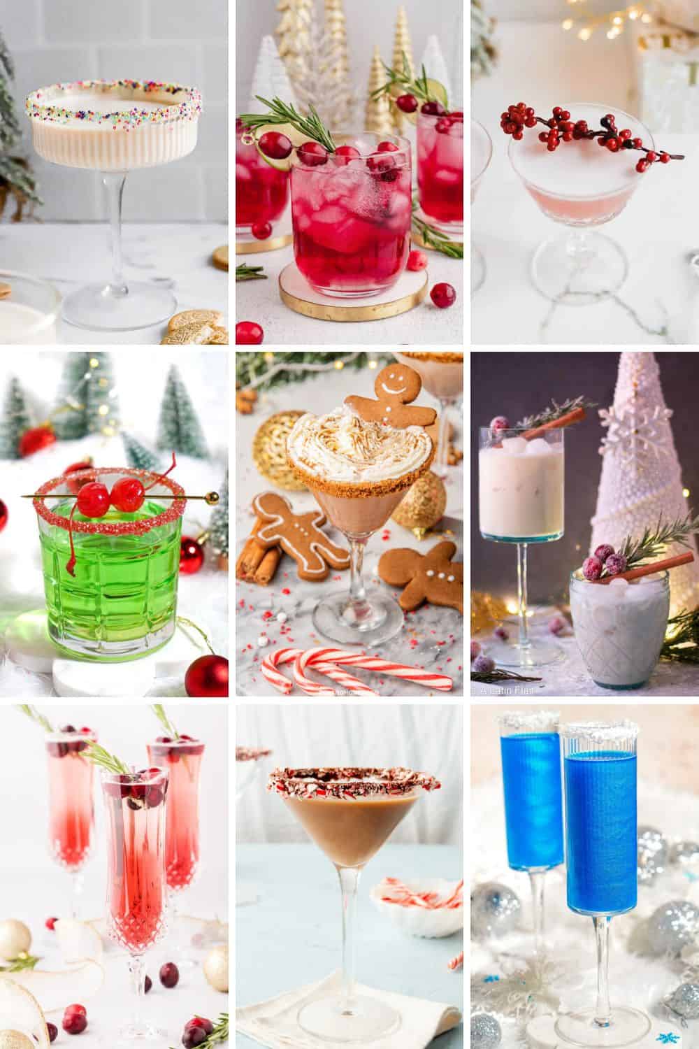 collage of christmas themed cocktails for holiday parties.