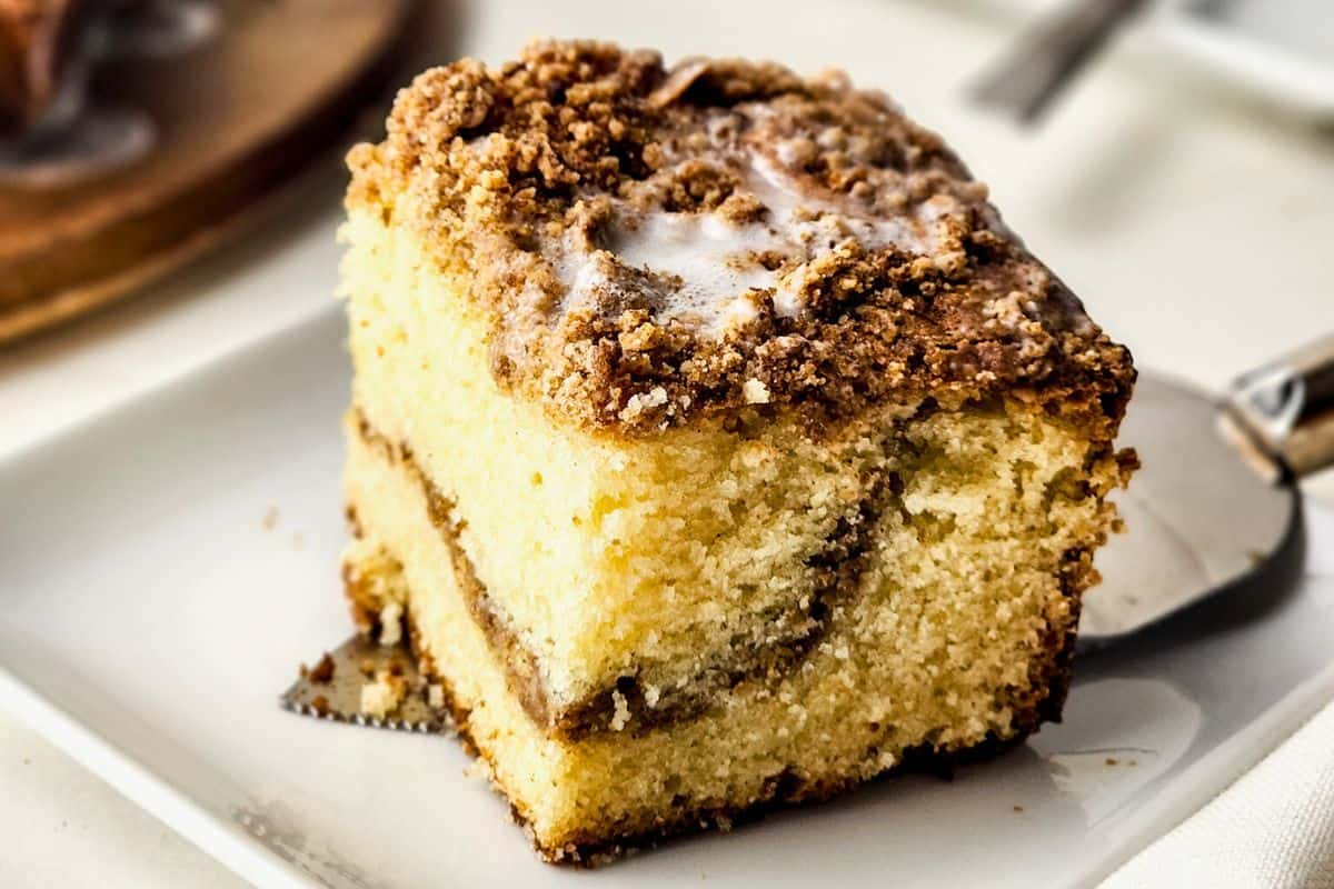 classic coffee cake slice on plate.