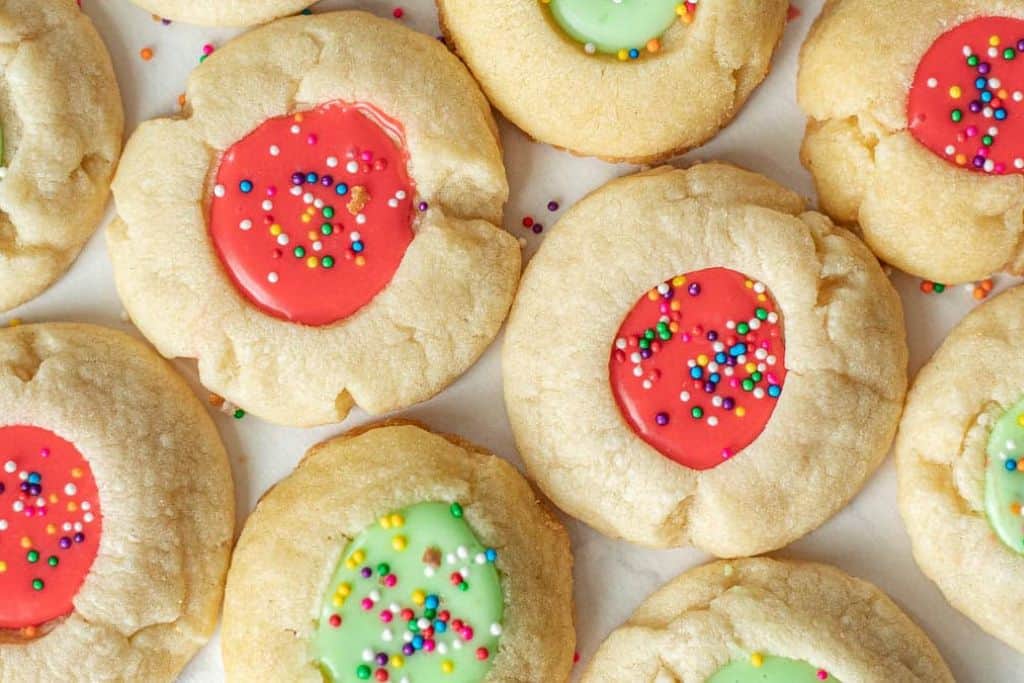 festive thumbprint cookies with icing.