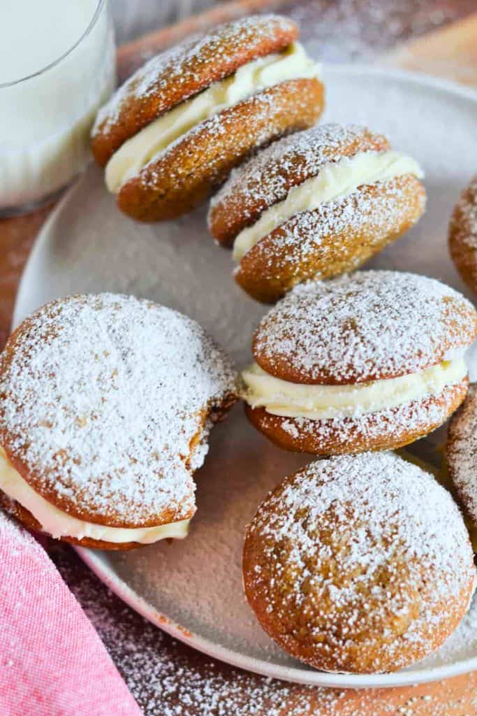 gingerbread whoopie pies on plate.