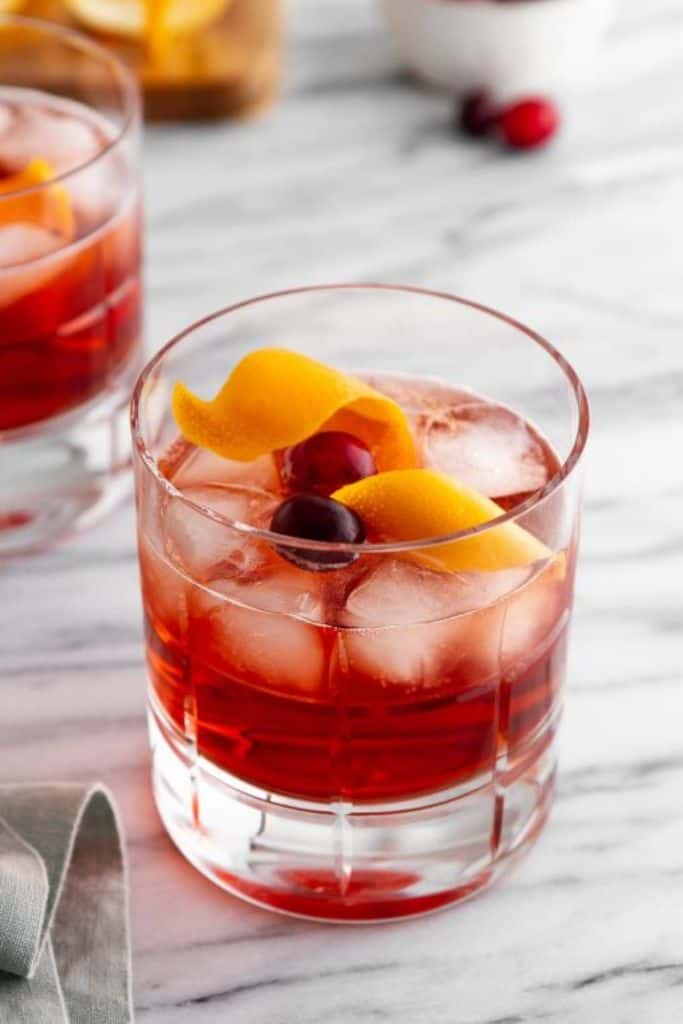 holiday negroni drink in short glass.