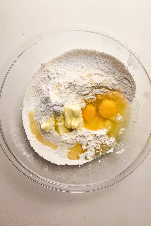coffee cake batter ingredients in bowl.
