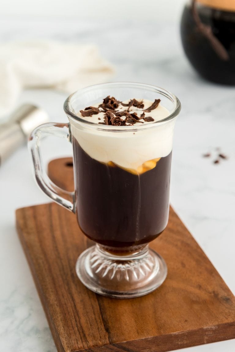 irish coffee in glass mug.