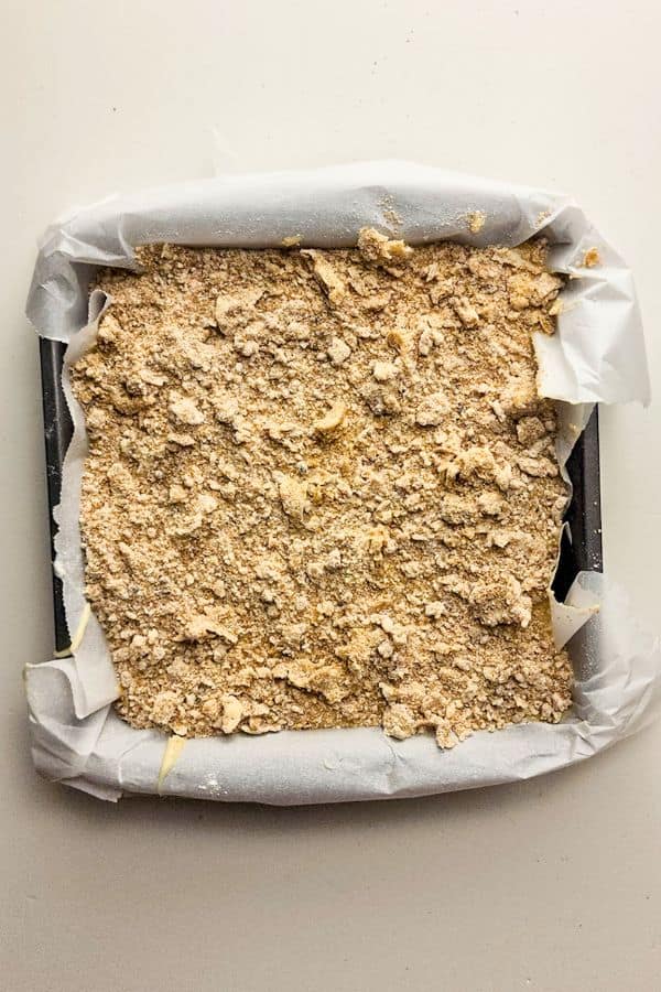 unbaked coffee cake in pan.