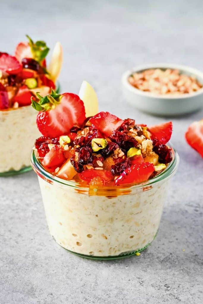 swiss bircher overnight oats with fruit and nuts.
