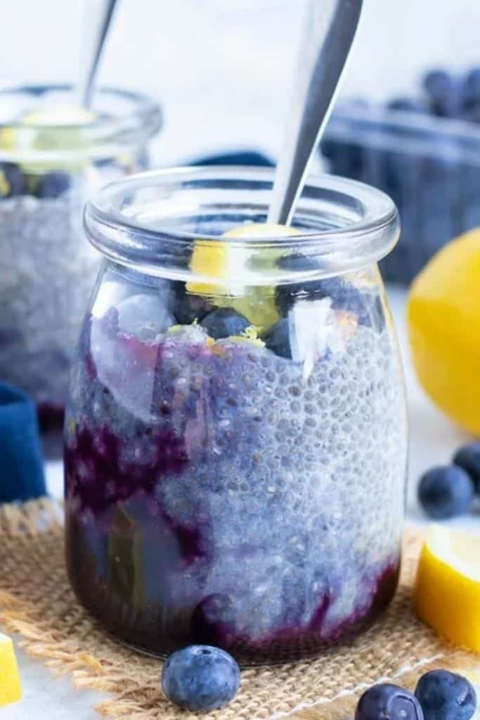 lemon blueberry chia seed pudding in jar.