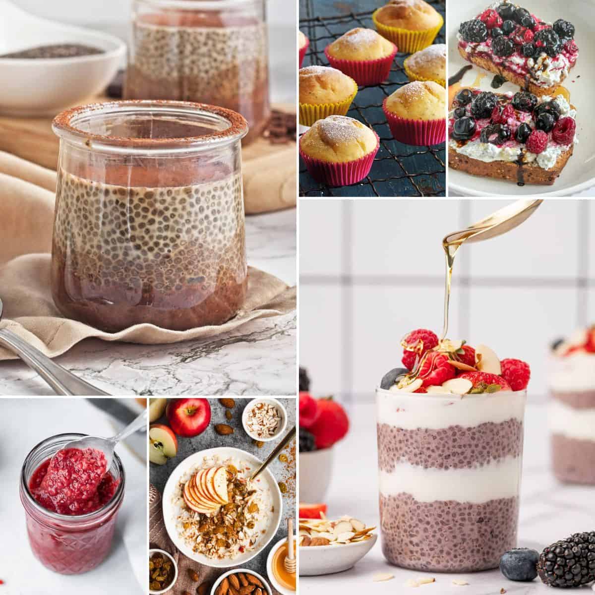 collage of chia seed recipes for breakfast.