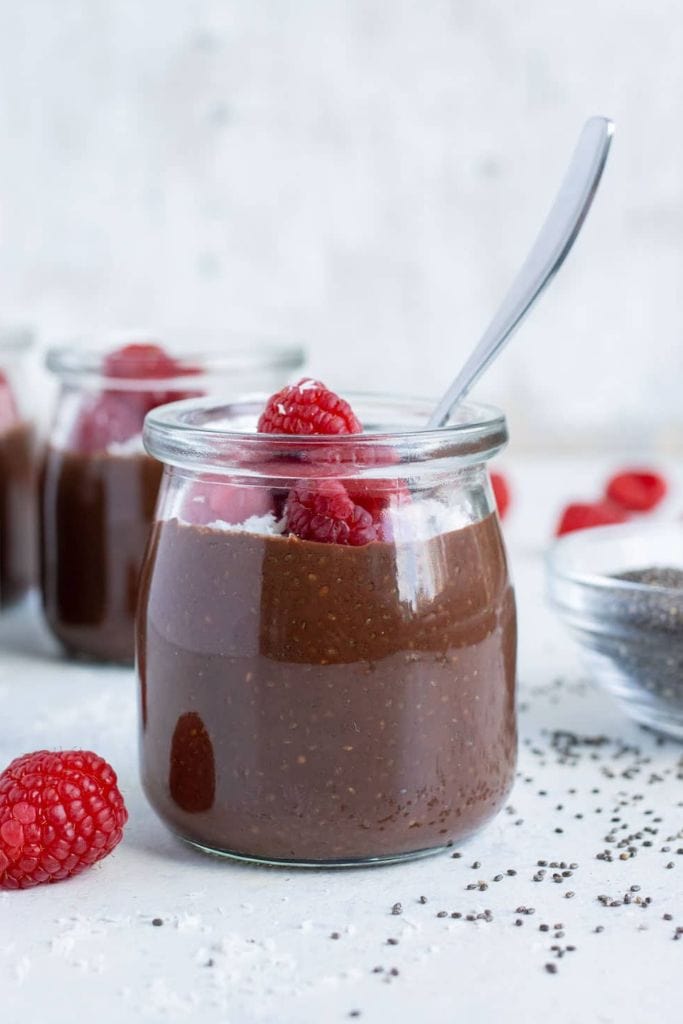 chocolate chia pudding in a jar.