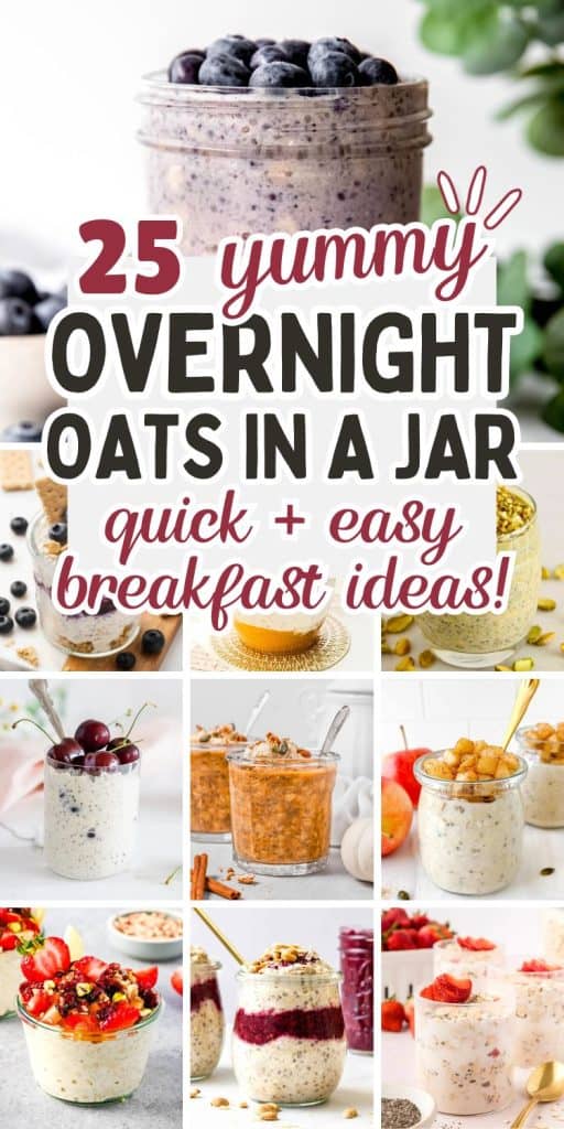 collage of breakfast overnight oats in a jar.