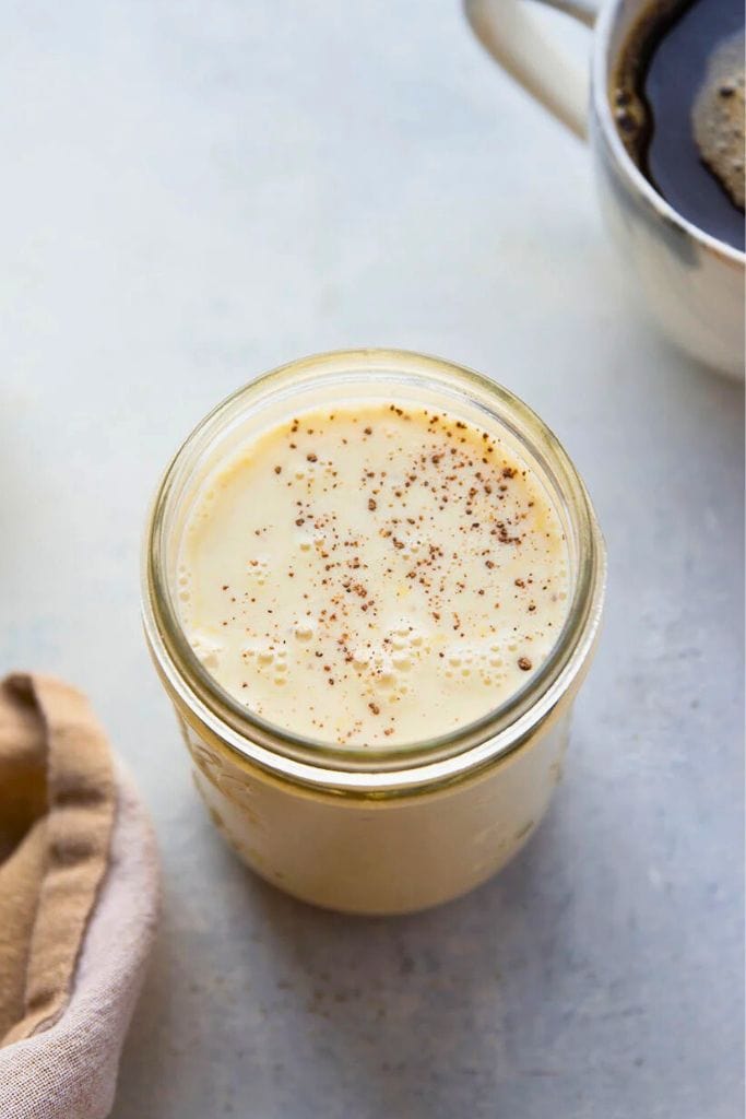 festive eggnog coffee creamer in jar.