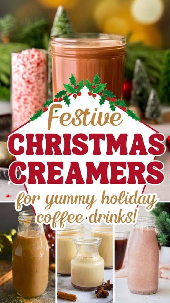 collage of holiday coffee creamers with text overlay.