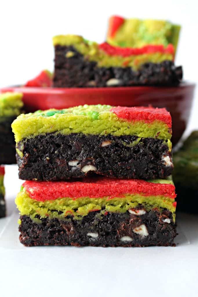 stack of grinch brownies sliced.