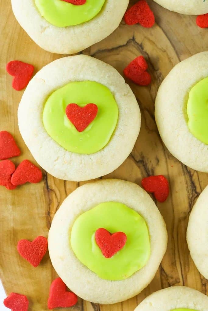 grinch thumbprint cookies on board.