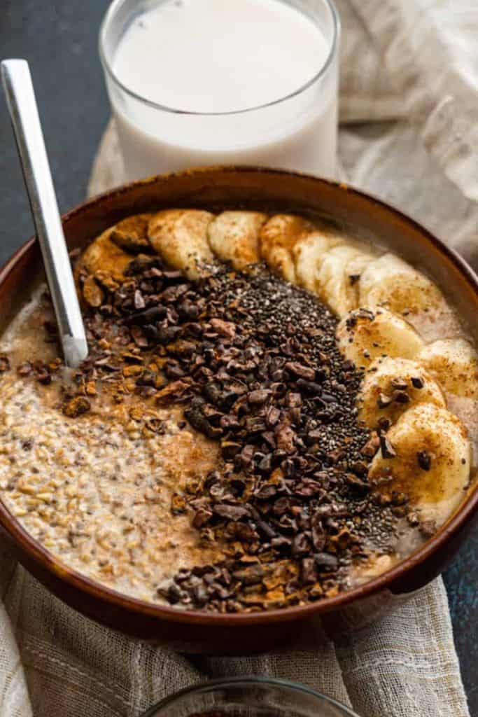 overnight oats with chia in a bowl with toppings.