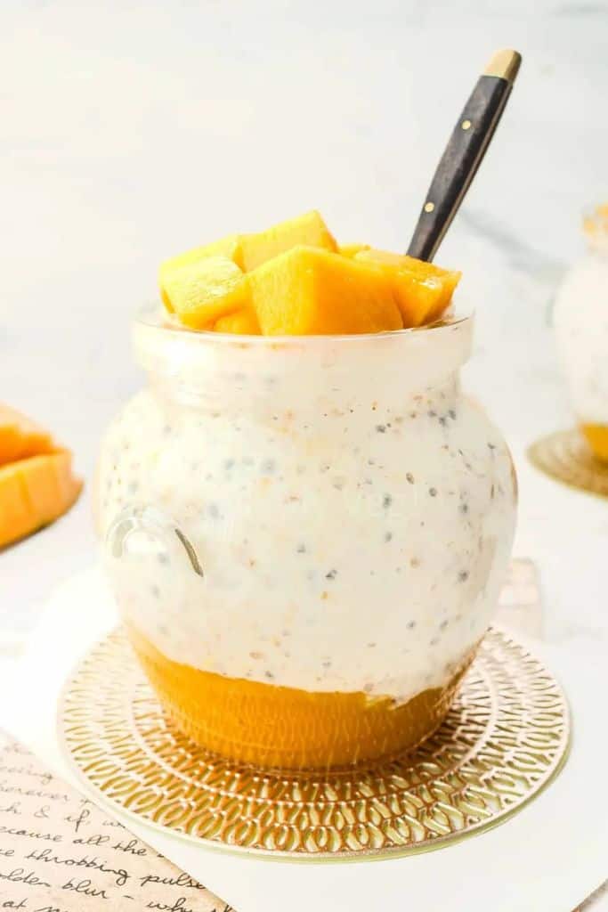 mango overnight oats in jar.
