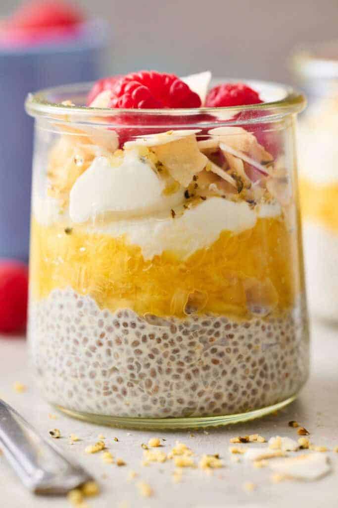 pineapple coconut chia pudding in a jar.