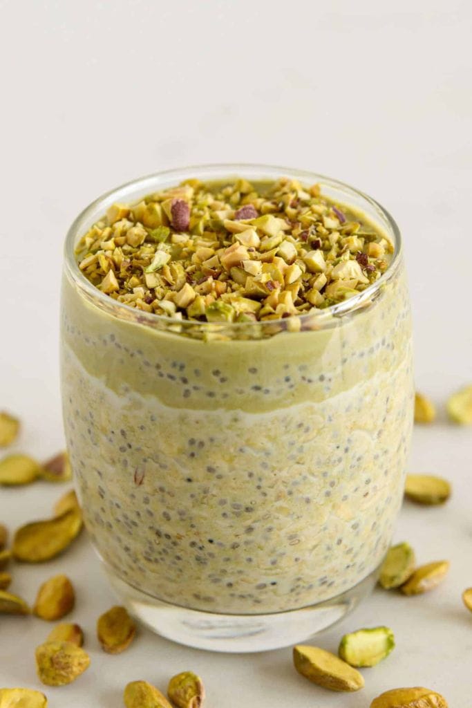 pistachio overnight oats in glass.