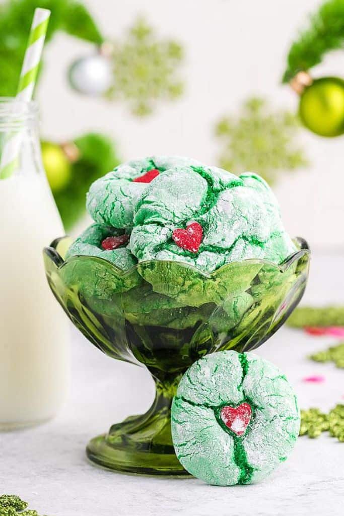 green christmas cookies in bowl.