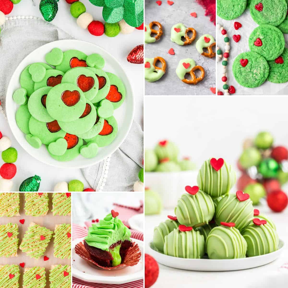 collage of grinch christmas treats.