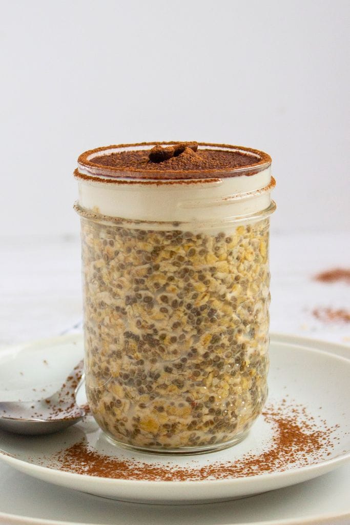 healthy tiramisu overnight oats in a jar.