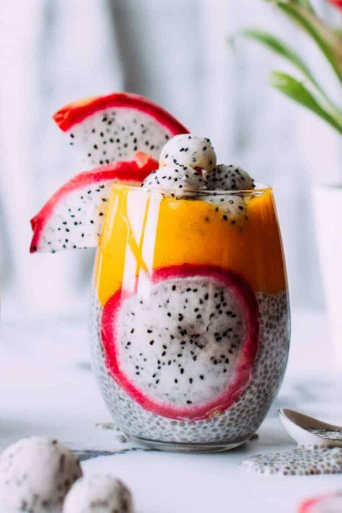 tropical fruit chia seed pudding with dragon fruit.