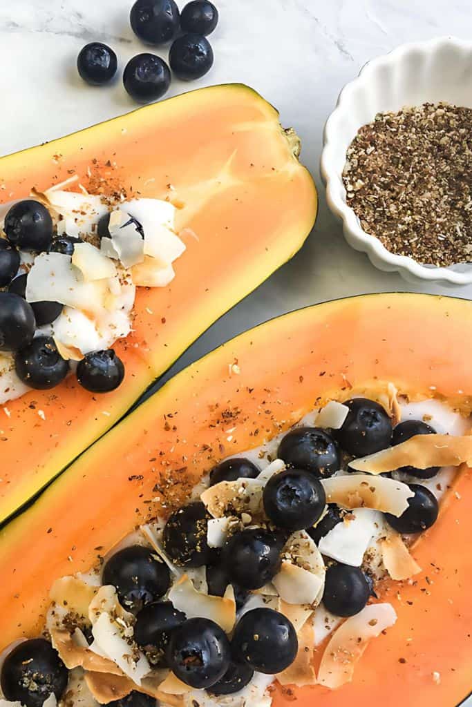 tropical fruit breakfast bowl with chia seeds.