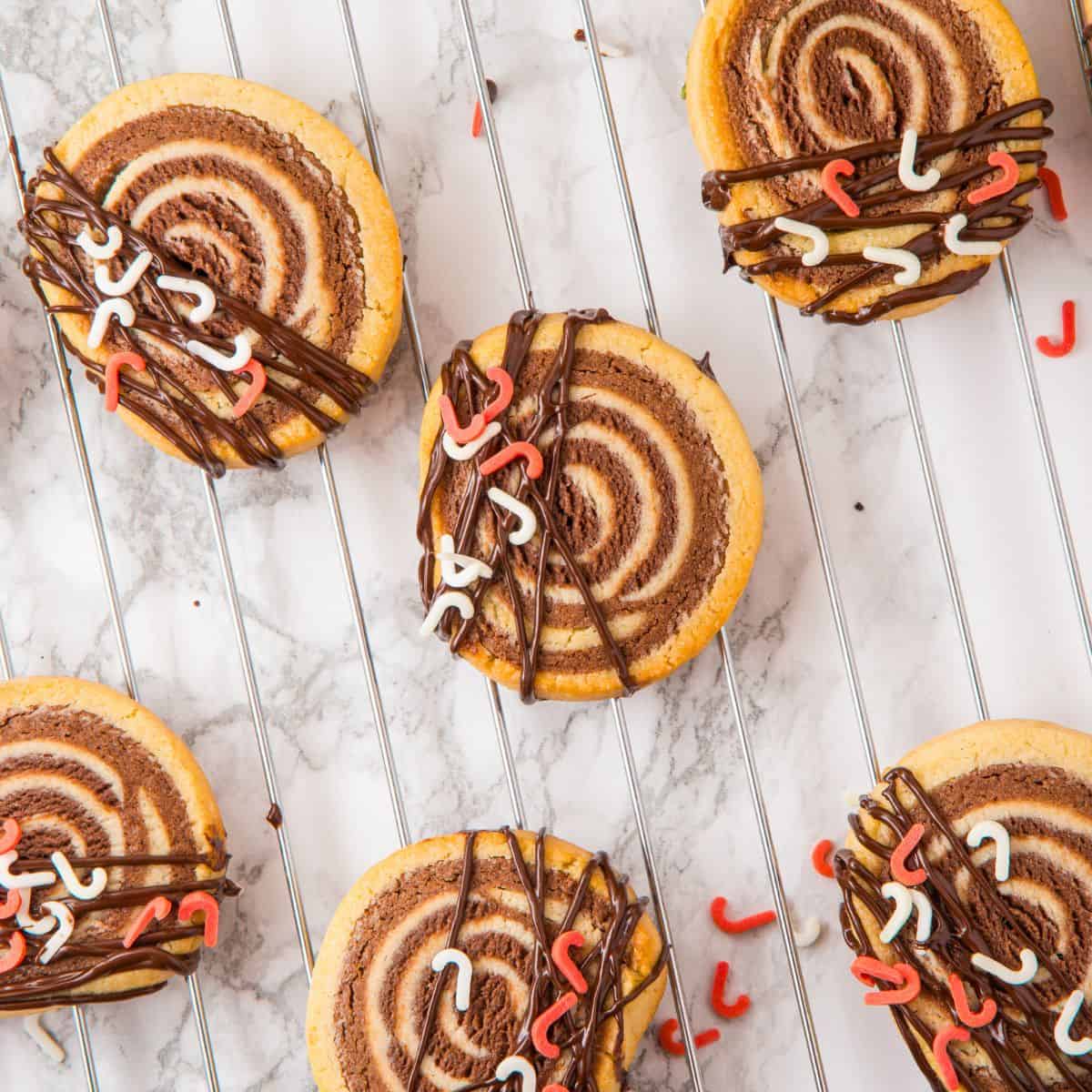 Chocolate Pinwheel Cookies with chocolate and sprinkles.