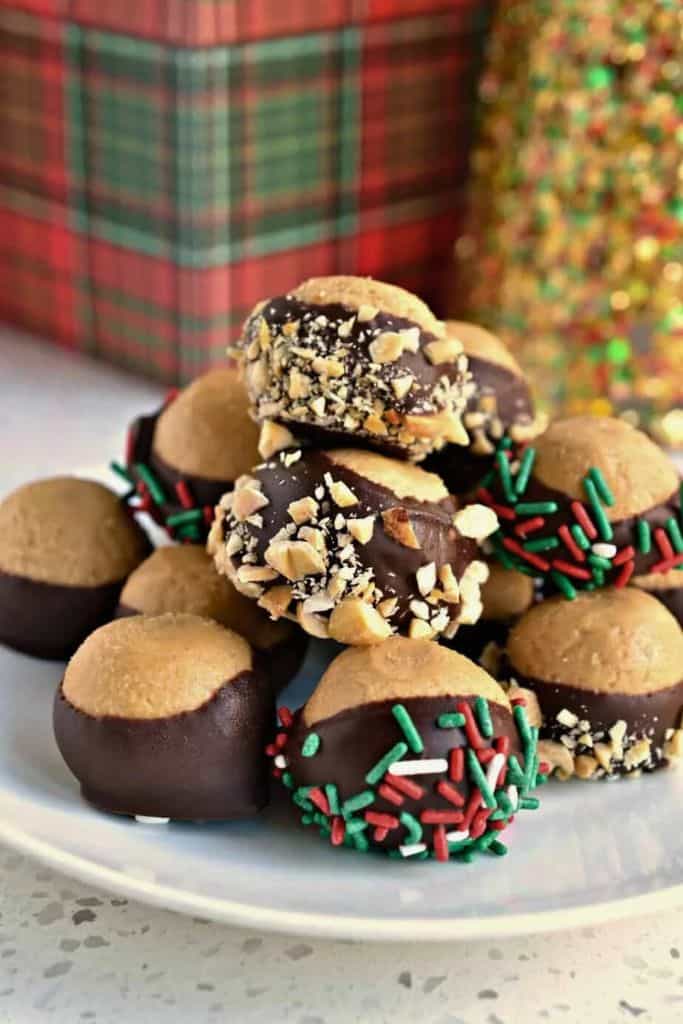 bite size buckeye balls on plate.