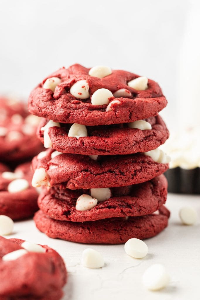 stack of cake mix red velvet cookies.