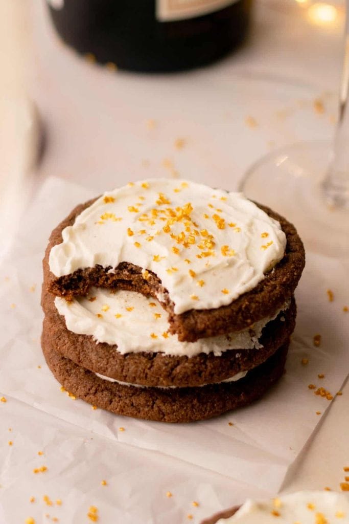 festive chocolate frosted cookies decorated.