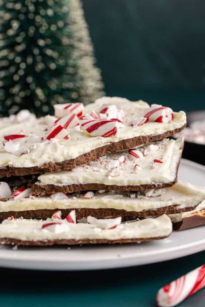 stack of costco chocolate peppermint bark copycat.