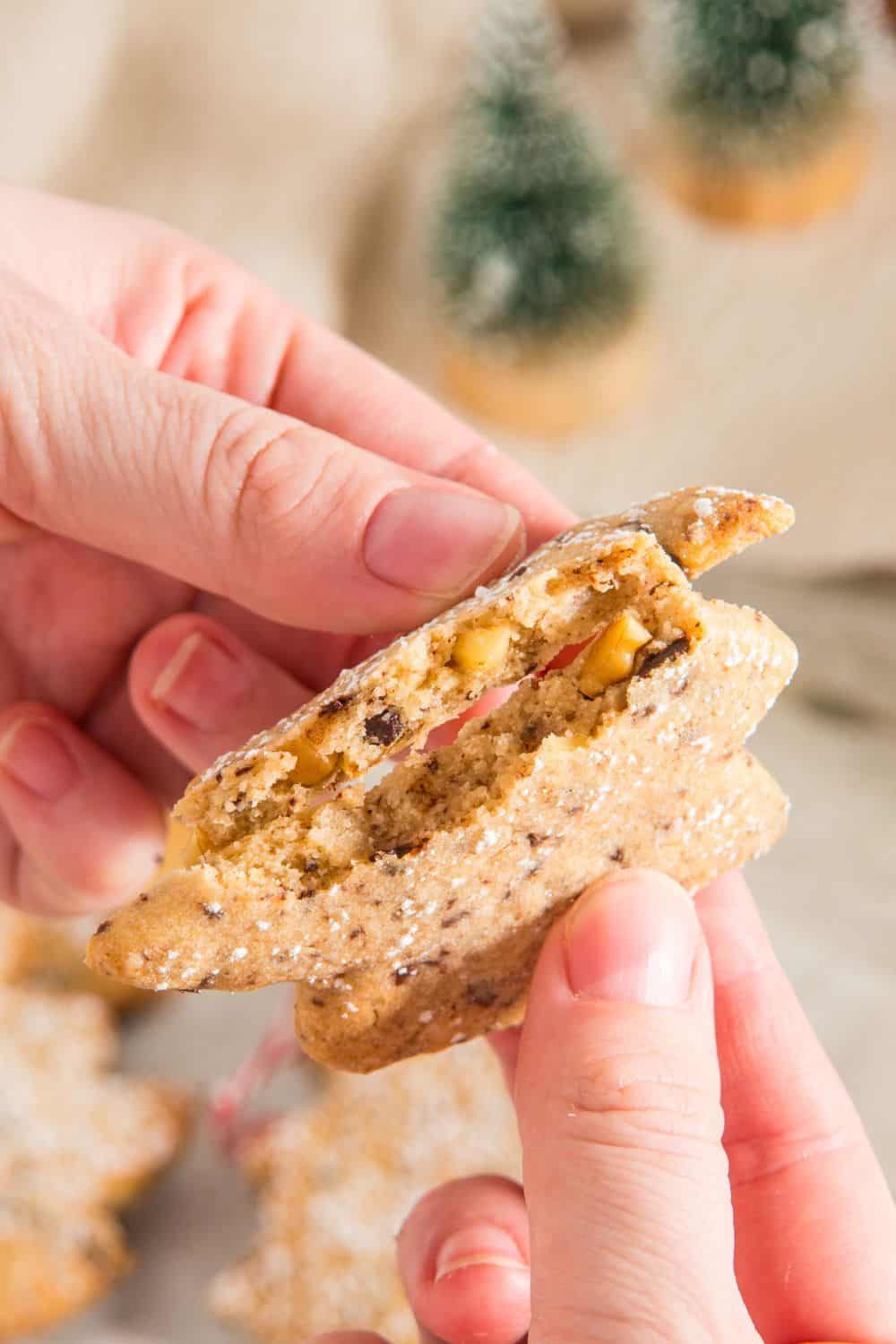 christmas sugar cookie with chocolate and nuts.