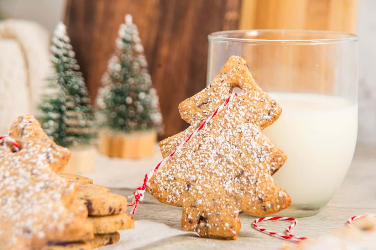 Christmas cutout cookie standing against glass of milk.