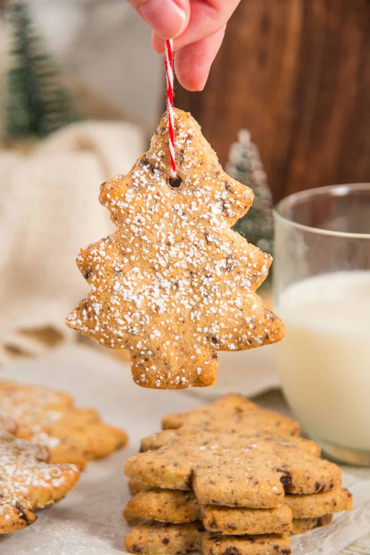 christmas tree sugar cookie hanging from thread.