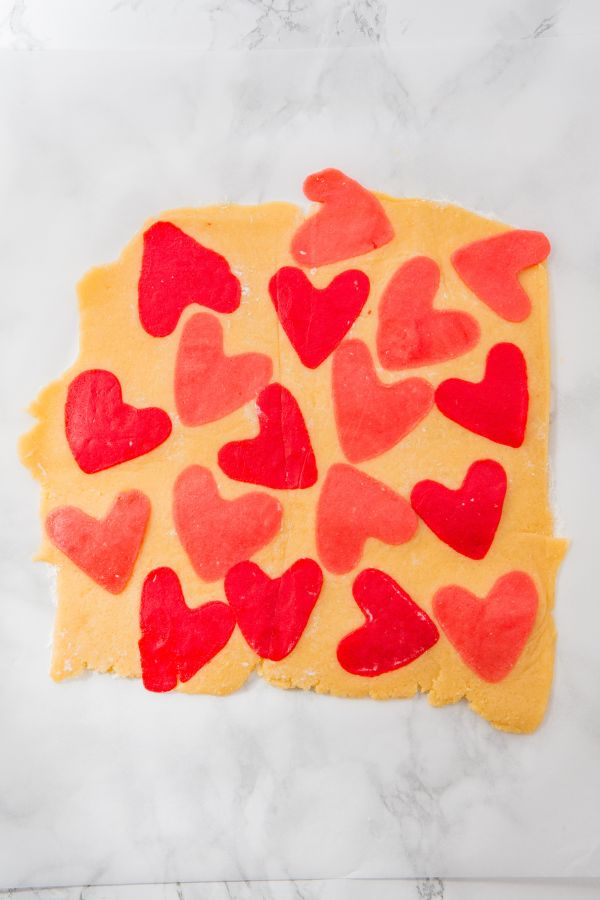 heart cookies rolled into cookie dough.