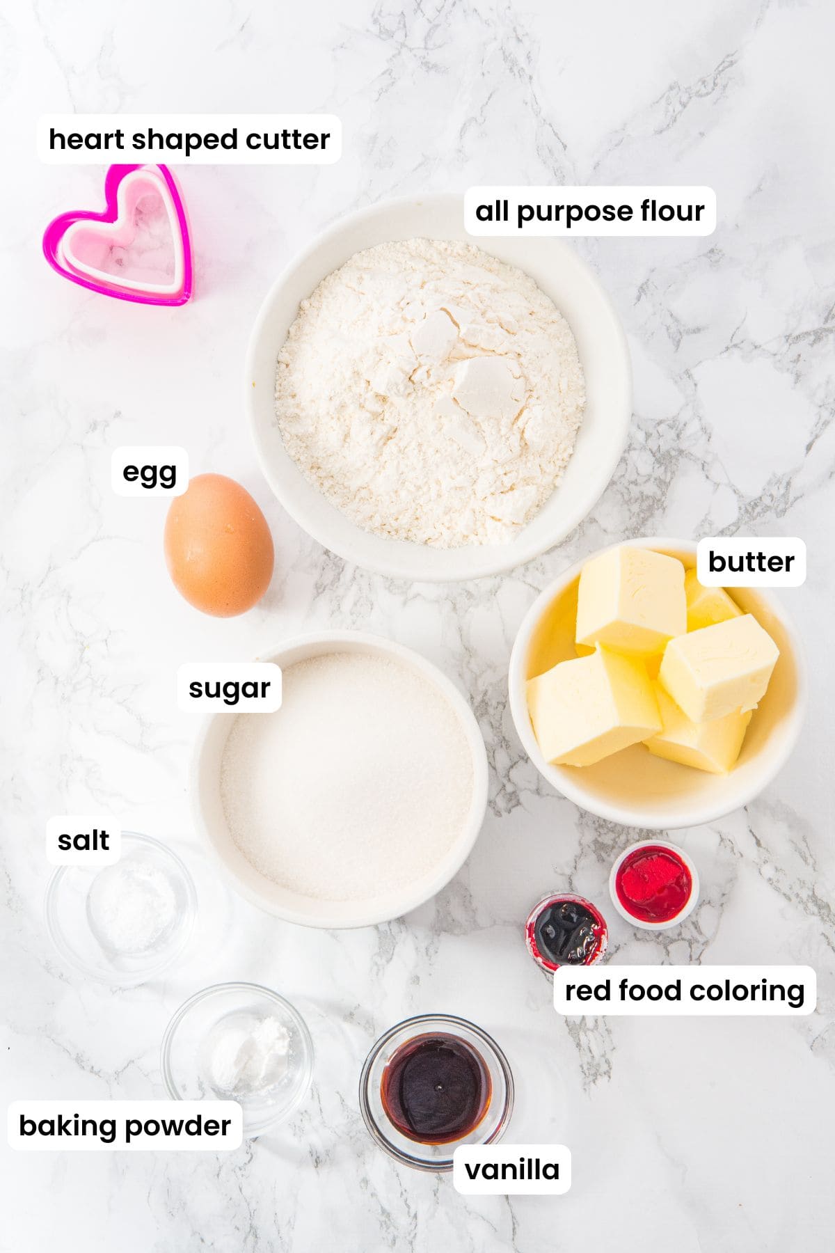 heart sugar cookies ingredients labelled.