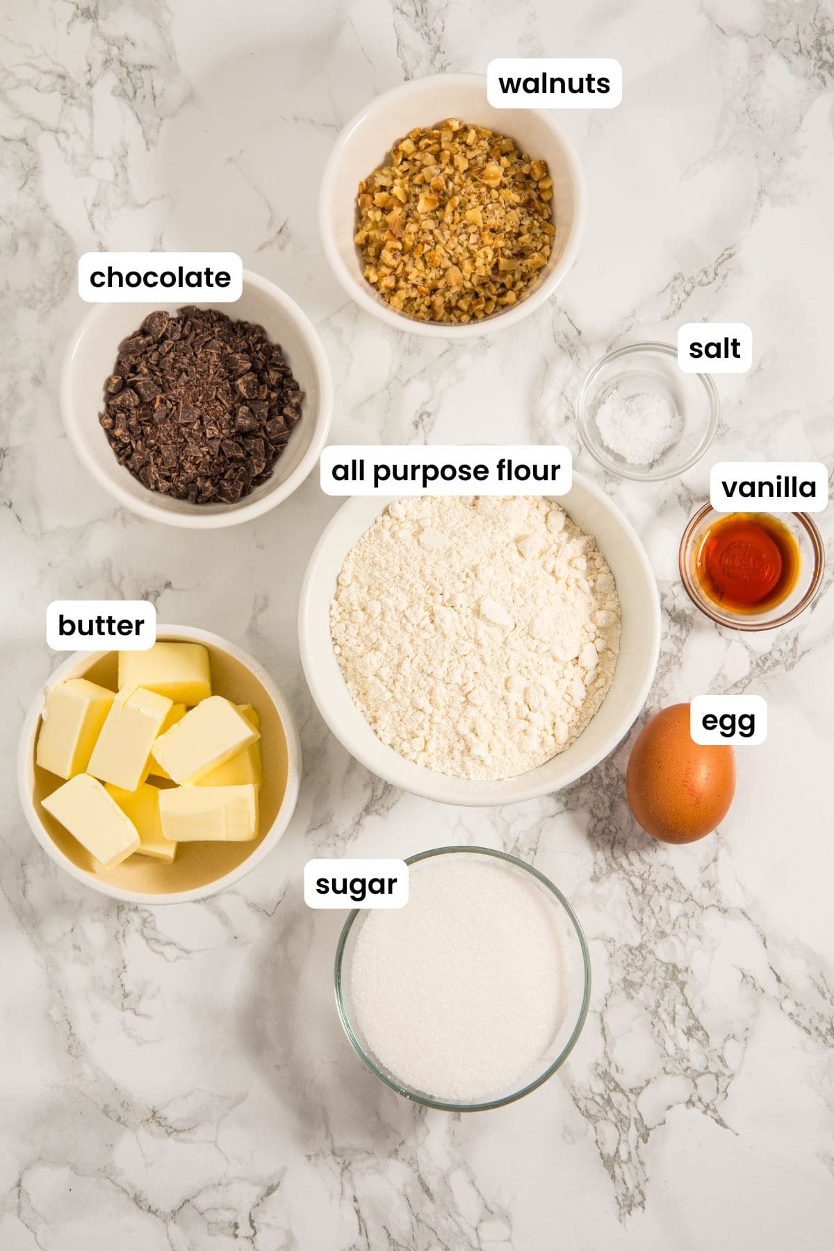 holiday cookies ingredients labelled- flour, butter, vanilla, sugar, salt, chocolate, walnuts, egg.