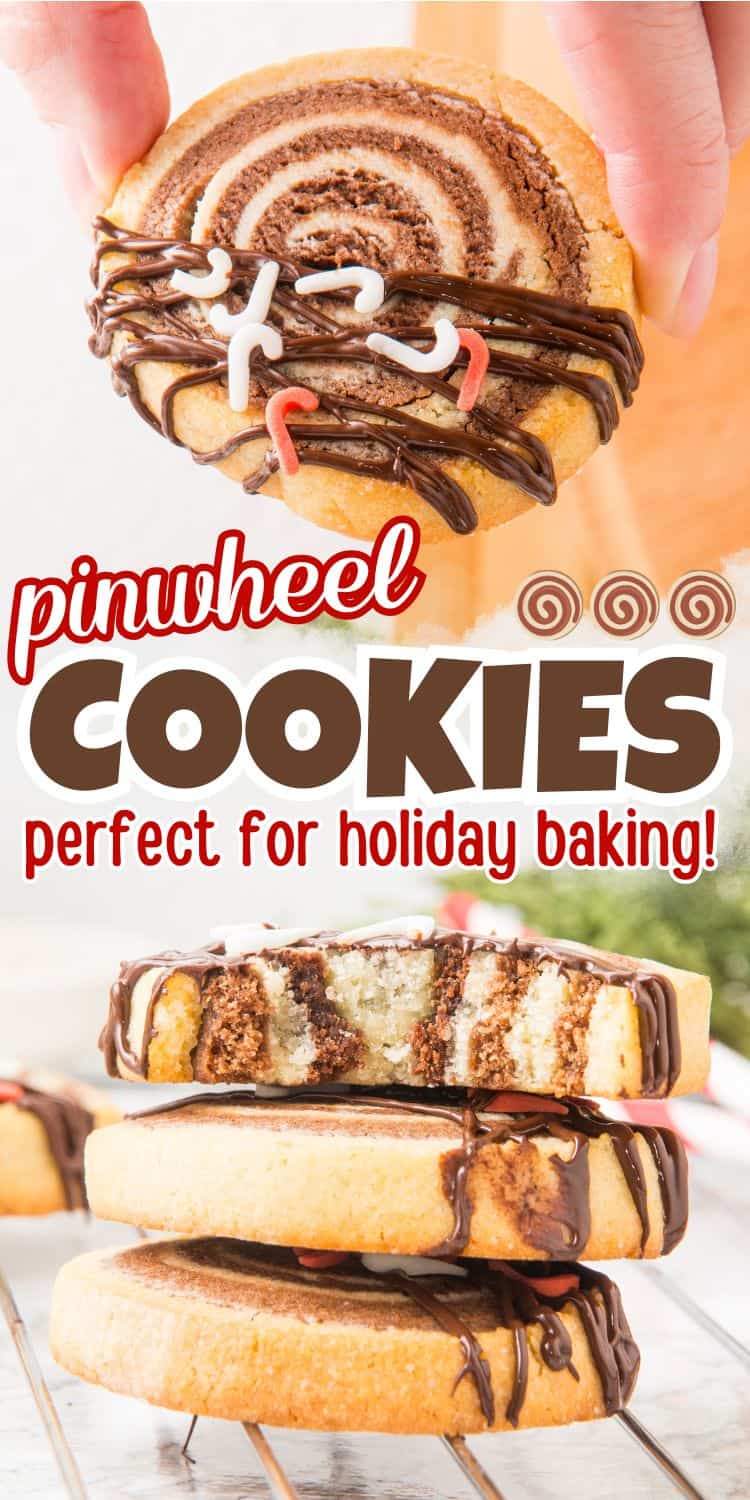 collage of chocolate pinwheel cookies, with text overlay.